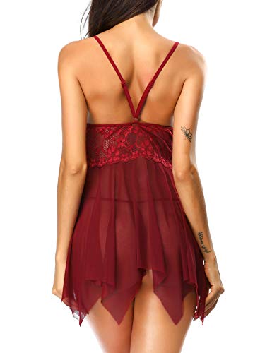 LALAVAVA Sexy Lingerie for Women Lace Mesh Babydolls V Neck Strap Back Sleepwear (02 Red, S)