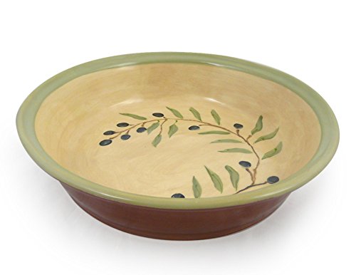 American Made Terra-cotta Pottery Deep Dish Pie Plate, 9.5-inch, Mediterranean Olive Branch Motif