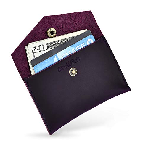 Bird&Fish Handmade Vintage Business Card Holder Genuine Leather Front Pocket Minimalist Wallet for Men Women (Grape Purple)