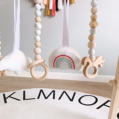 AM ANNA Wooden Baby Gym with 6 Wooden Baby Gym Hanging Toys, Foldable Wooden Activity Baby Play Gym Hanging Bar Newborn Gift Baby Girl and Boy Gym (Natural Color with 6 Hanging Toys)