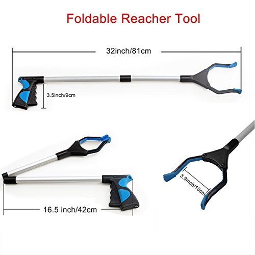 2 Pack - Reacher Grabber Pick up Tool, 32" Foldable Lightweight Long Duty Mobility Aid, Extender Gripper Tool, Claw Trash Garbage Picker (Yellow and Blue)