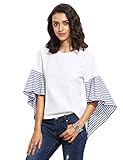 SheIn Women's Striped Ruffle Asymmetric Bell Sleeve Blouse Top