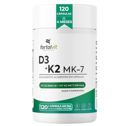 Vitamina D3 + K2 120 Cápsulas 4 Meses de Uso Longa Duração, 2000UI D3 149mcg Vitamina K2 MK-7, Fortalvit
