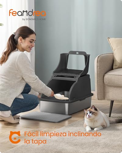 Feandrea Stainless Steel Cat Litter Box with Hinged Lid, XL Litter, Leakproof, Scoop, Brush, Double Inlet, Countertop Load 15 kg, Black Ink PPT005BH01