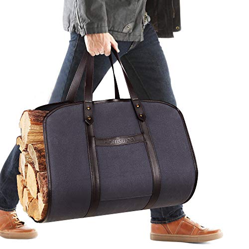 Waxed Canvas Firewood Carrier, HAMSWAN Fireplace Sturdy Wood Carring Bag with Handles Gloves for Camping Indoor Firewood Logs Tote Holder Birchwood Stand