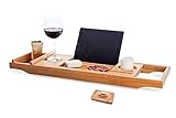 Luxury Bamboo Bath Caddy Tray,  Large Shower Bathtub Organizer Accessories With Extending Sides, Reading Rack, Wine Glass, Book, Tablet Holder and Phone Compartment, Bonus Soap Holder By OCENGS