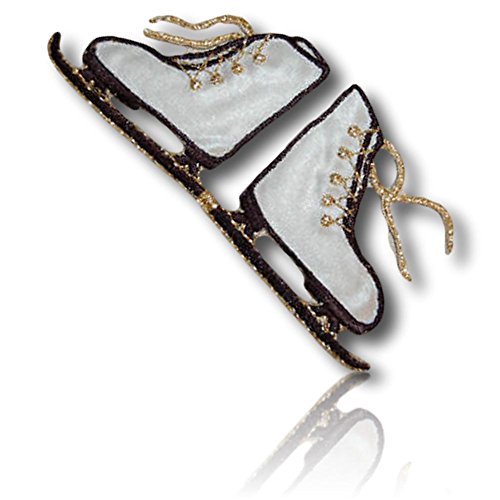 [1 Count Single] Custom and Unique (1" x 2 1/2" Inch) â€œSportsâ€ Ice Skating Skate Shoes Laces Laced Blades Figure Skaters Glide Metallic Gilded Iron On Embroidered Applique Patch {White, Black & Gold}