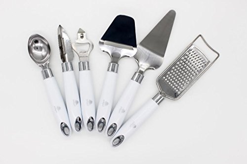 pakpef (TM), 6 Piece Stainless Steel Kitchen Utensils Set, Bottle/Can Opener, Ice-cream Scoop, Cheese Grater, Vegetable/Fruit Peeler, Cheese Spatula and Cake Spatula,Cooking Set
