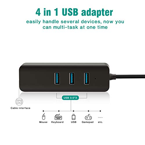 KEXIN HUB USB Type C vers 3 Ports USB 3.0 et Adaptateur Réseau Gigabit Ethernet RJ45, 4 en 1 Adaptateur Multiports, HUB USB C Compatible pour Chromebook Pixel, Huawei Matebook, Dell XPS, etc.