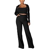 Womens 3 Piece Casual Outfits Open Front Rib Cardigan Crop Tank Tops Wide Legs Pants Duster Lounge Sets