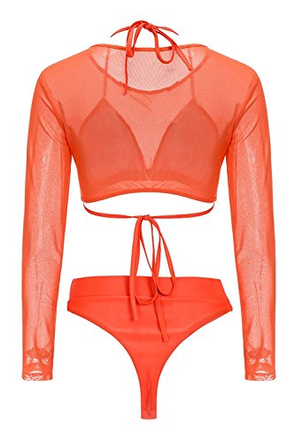 Libaoge Womens Sexy High Waist Mesh Crop Top Swimwear Long Sleeve 3PCS Swimsuit Orange/Black/Army Green
