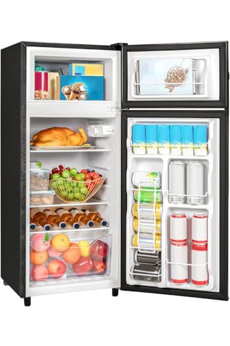 Tehanld Double Door Refrigerator with Freezer, 4.5 Cu.Ft, Small Fridge with Freezer, 7 Settings Temperature Adjustable, Mini Refrigerator for Apartment Bedroom Dorm and Office (4.5 Cu.Ft, Black)