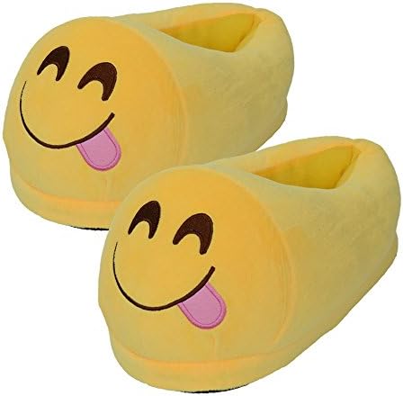 Emoji Slippers Thick 100% Plush Cotton That’s Cute Funny Soft Warm And Comfortable Casual Indoor Bedroom Shoe For Men or Women Size 5- 9.5 With Non-Skid Footpads (Silly Joy Tongue Side)