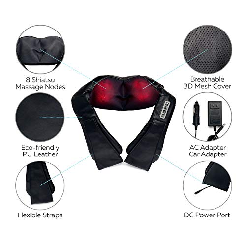 Shiatsu Portable Heated Massager - Deep Neck, Shoulder, Back/Lower Back, Legs & Foot Muscle Tension Relief - Electric Massaging Pad-Pillow w/ 8X 3D Kneading Nodes - for Home, Office Chairs, Car Seats