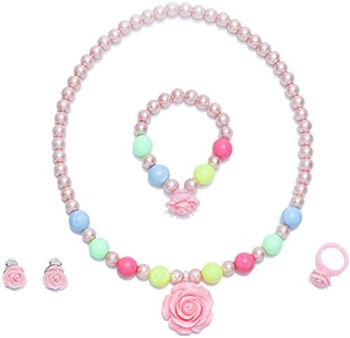 LYLYMIMI Kids Jewelry for Little Girl Toddler Jewelry Bubblegum Necklace and Bracelet Set with Ring Earrings (Pink)