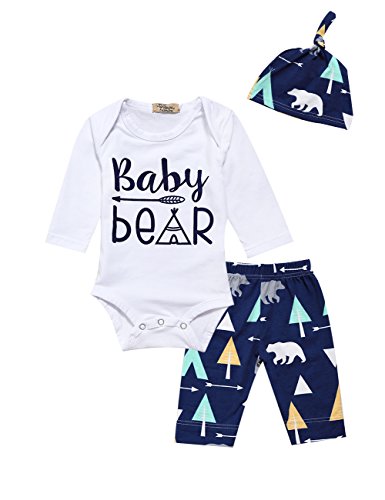 Gprince Unisex Baby Infants Long Sleeve Baby Bear Jumpsuit Romper Pants 3pcs Outfits Set