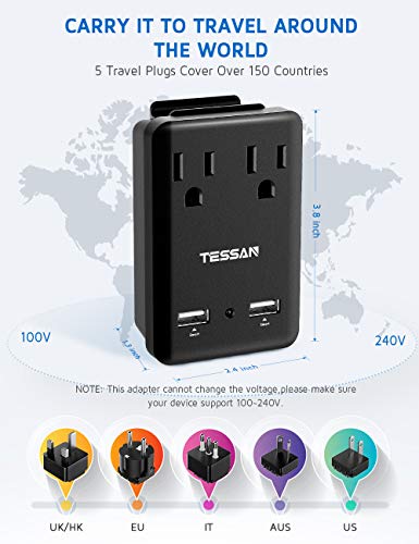 Universal Adapter, TESSAN Travel Adapter, USB Travel Power Charger Universal Charger Kit 2000W, 2 USB Ports 2 US Outlets with 5 Plug for Europe Italy UK Japan China Australia HK Cover 200+ Countries