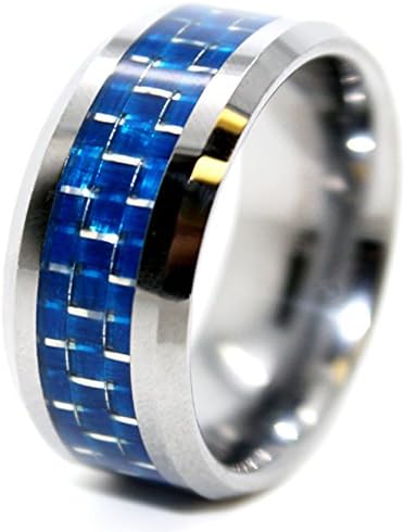 Unique 10mm Tungsten Carbide Ring with Blue Carbon Fiber Inlay Wedding Band Size 11.5 (11 1/2)