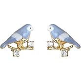 Dainty Bird Stud Earrings for Women Sterling Silver Post 14K Gold Plated Cubic Zirconia Crystal Cute Animal Enameled Studs Earring Hypoallergenic Nice Birthday Jewelry for Daughter