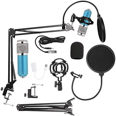 Condenser Microphone Kit,Unidirectional Microphone Arm Stand Studio Mic Phone Pop Filter Foam Cap Holder Mount With USB Audio Adapter Record (Color : Blue)