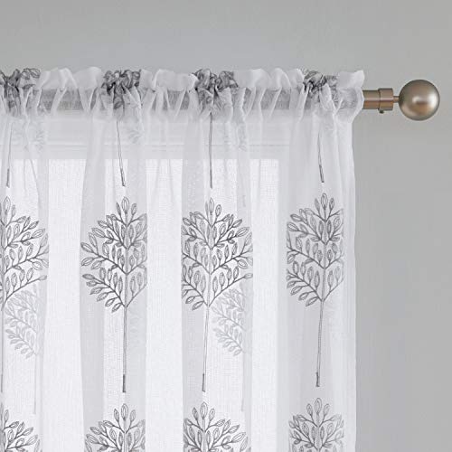 Deconovo Sheer Curtains Embroidered Tree Pattern Semi Faux Linen