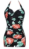 Winday Elegant Retro Inspired Boy-Leg One Piece Ruched Monokinis Swimsuit White/Blue