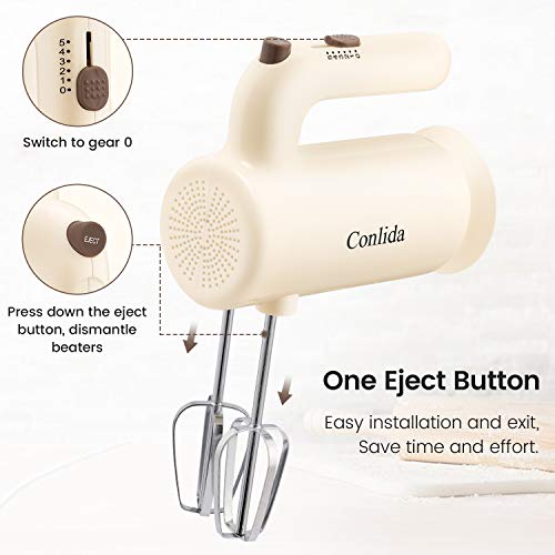 Hand Mixer Electric for Beginner, 350W Power Handheld Mixer for Baking Cake Egg Cream Food Beater, 5 Speed + Eject Button + 4 Stainless Steel Accessories