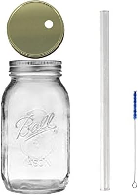 Mason Drinking Jar with Glass Straw, 1 Lid and Straw Cleaner- 32oz Bundle (gold)