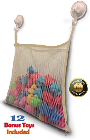 Bath Toy Organizer + 12 BPA-Free Bonus Baby Toys - Extra Large Mesh Net Storage Bag - Innovative Bottom Zipper and Hook Reinforcement - Tan