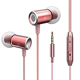 In Ear Earbuds Earphones, Magnetic Remote bass Noise Isolating Earbud Headphones with Mic, 3.5mm Volume Control Aluminum Wired Headset for iPhone iPad Android Cell Phones Laptop Computer (Rose Gold)