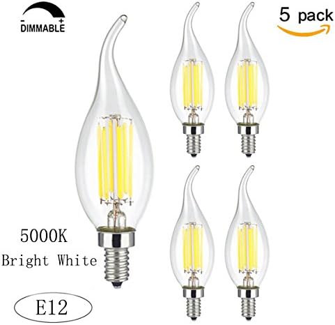 Wonninek 6W Dimmable LED Filament Candle Light, 5000K Bright White 600LM Chandelier LED Bulb, E12 Candelabra Base Lamp, C35 Flame Shape Bent Tip, Clear Glass Cover, 60W Incandescent Replacement-5 Pack