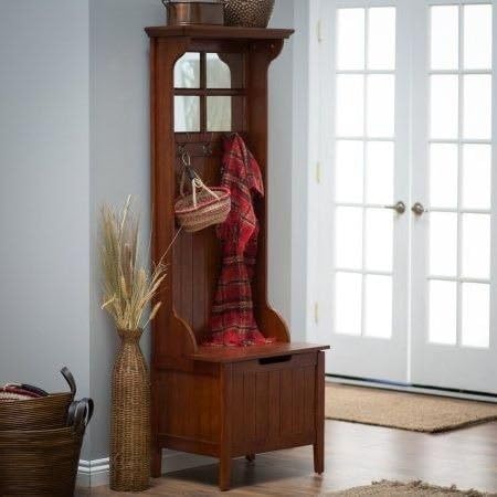 By Home Design Entryway Hall Tree,Coat Rack Storage, Paneled Mirror,Cherry Finish