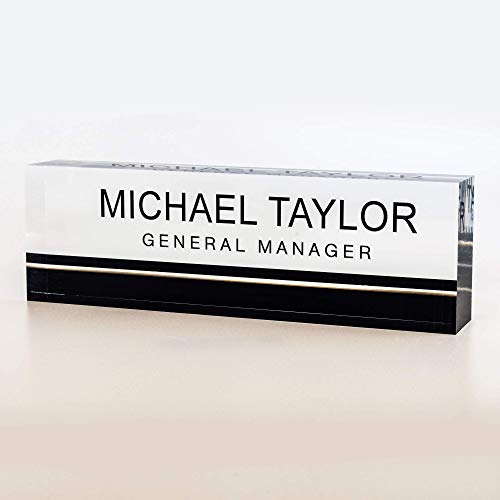 Artblox Office Desk Name Plate Personalized - Printed on Premium Clear Acrylic Glass Block Unique Designer Name Plates for Desks Accessories - (8"x2.5") - Black Stripe