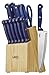 Ginsu Essential Series 14-Piece Stainless Steel Serrated Knife Set – Cutlery Set with Blue Kitchen Knives in a Natural Block, 03881DS