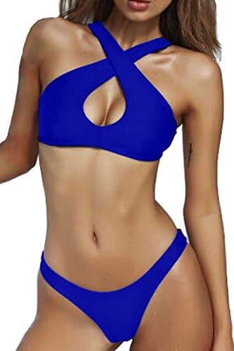 VNOOK Sexy Halter Criss Cross Push up Padded Cheeky Bikini Sets for Women Sapphire Blue L