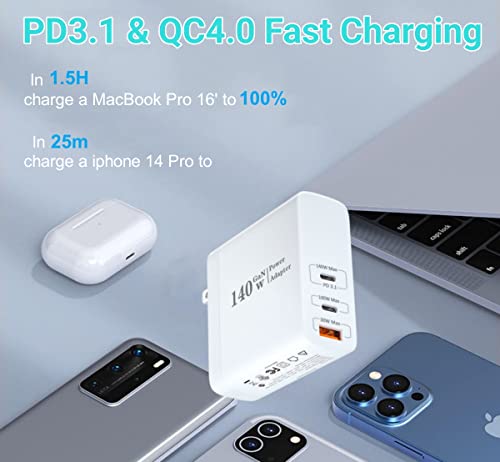 USB C Charger,140W GaN Ⅲ Fast Charger 3 Ports PD3.1 QC4.0 PPS Foldable Wall Charger for Laptop/Phone,Compatible w/MacBook Pro/Air, iPad, iPhone,Pixelbook,ThinkPad,Dell XPS,Galaxy, Balxo