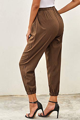 NEWFANGLE Women\'s Linen Casual Pants Drawstring Elastic Waist with Pockets Solid Comfy Loose Fit Trousers,Brown,XXL