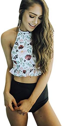WBGZD Women Two Piece Ruffled Halter High Neck Wrap Crop Bikini Top with High Waisted Bottoms Swimsuit