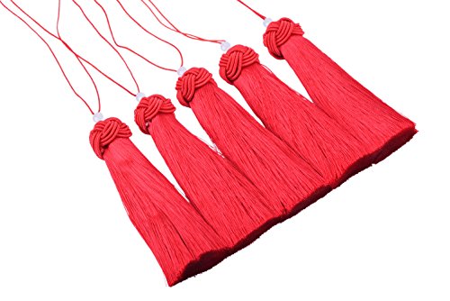KONMAY 5pcs 3.8''(9.5cm) Handmade Imitation Silk Tassels with Threaded Cap and Jade Beads (Red)