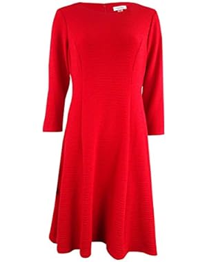 Women's Textured Knit 3/4 Sleeves A-Line Dress (8, Red)