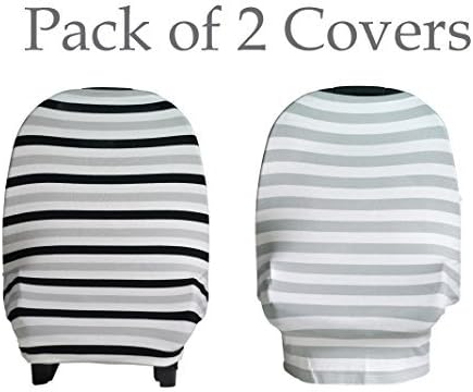 2 Pack Baby Car Seat Cover Canopy | Nursing Cover (Multi-Use 4-1 Stretchy) Infinity Nursing Scarf | Grocery Shopping Cart Cover | High Chair Covers (Black Grey White Stripe) Unisex Baby Shower Gift