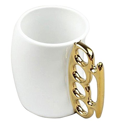 Funny Coffee Mug,Brass Knuckle Duster Creative Ceramic Cool White Mugs with Golden Handle