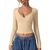 QINSEN Women's Long Sleeve V Neck T Shirts Double Lined Crop Top Seamed Cup Going Out Tops