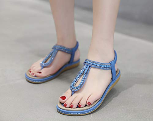 DolphinBanana Women's Bohemian Simple T-Strap Summer Flat Thong Sandals, Sapphire Blue Flip Flops Glitter Shiny Rhinestone Herringbone Woven Tape Shoes for Dressy Casual Jeans Daily Wear and Beach Vacation