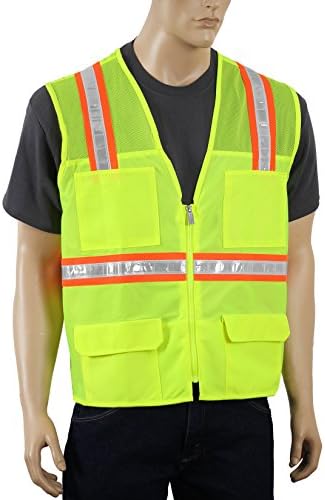 Two Tone Mesh Safety Vest with Pockets and Zipper High Visibility Lime Yellow Surveyor Reflective Vest Safety Depot 8048M (2XL)