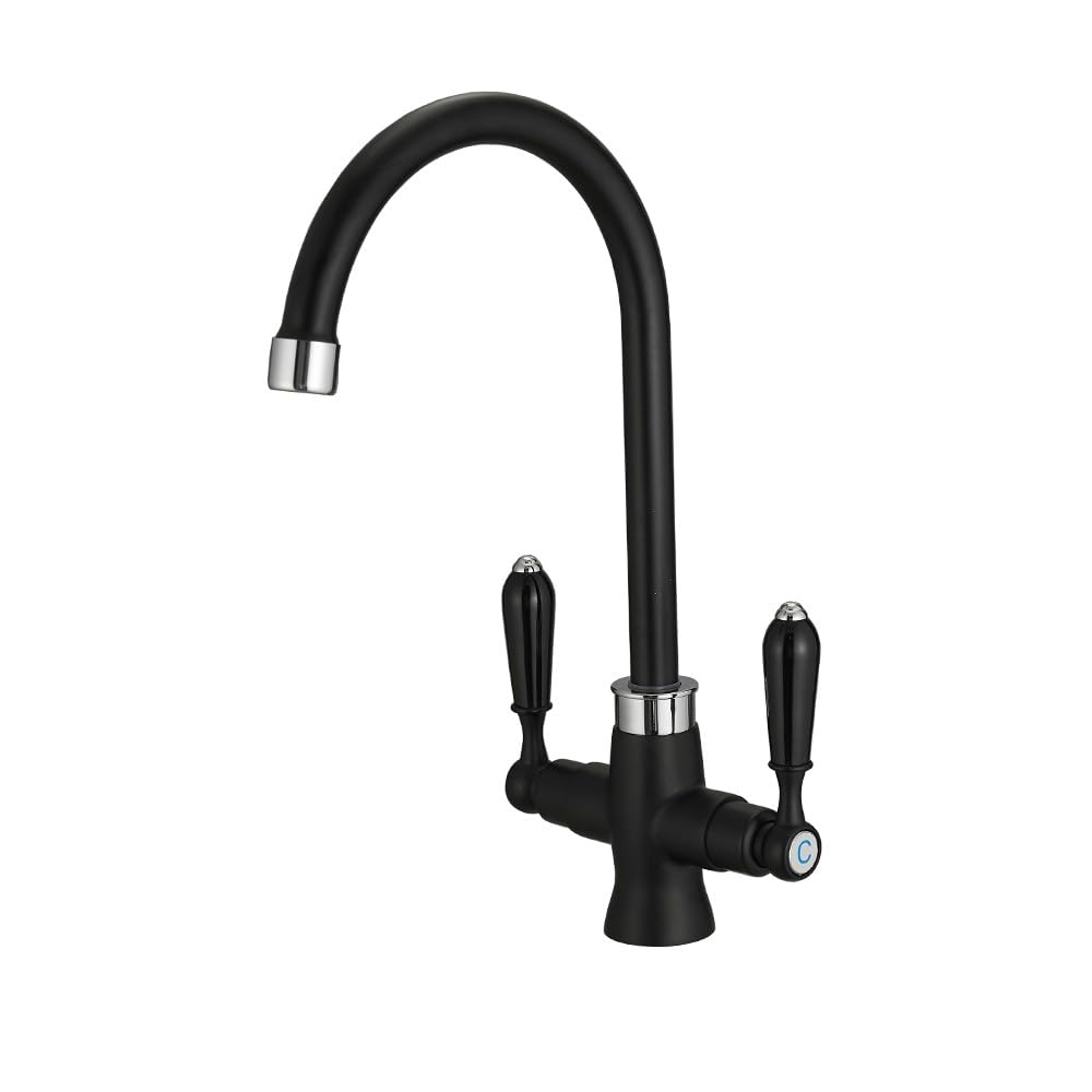 Heable Matte Black Kitchen Sink Mixer Tap Elegant Ceramic Dual Lever Monobloc Swivel Spout Kitchen Taps with UK Standard Fittings