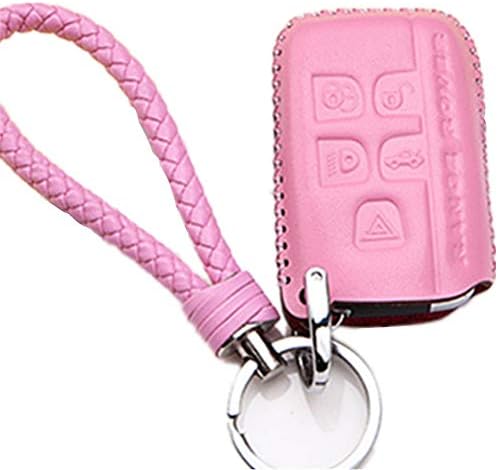 Womens Pink Genuine Leather Car Remote Key Fob Case Holder Cover Shell with Braided Key Chain & Key Rings for Land Rover/Discovery 4/lr4/Range Rover/Evoque Smart Key Auto Accessories Gifts