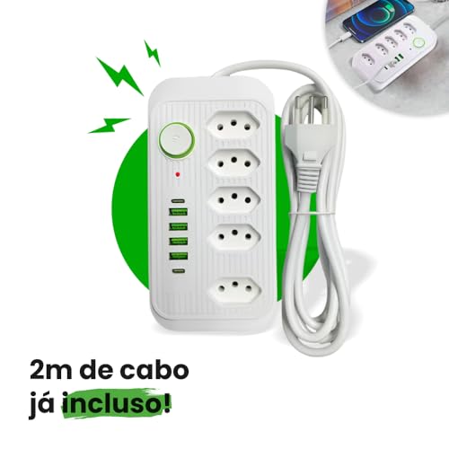 Extensão de Energia Filtro de Linha Régua de Energia com 5 Tomadas 4 USB-A e 2 USB Tipo-C Cabo 2 Metros Bivolt 110-220V Potência 2500W e Carregamento Inteligente Linha Premium (Branco)