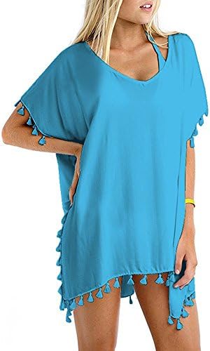 MingYu Women's Stylish Chiffon Tassel Beachwear Bikini Swimsuit Cover up (Blue)