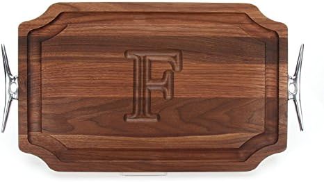 BigWood Boards W320-LCLT-F Carving Board with Scalloped Corners with Large Boat Cleat Handle in Cast Aluminum, 15-Inch by 24-Inch by 1.25-Inch, Monogrammed "F", Walnut